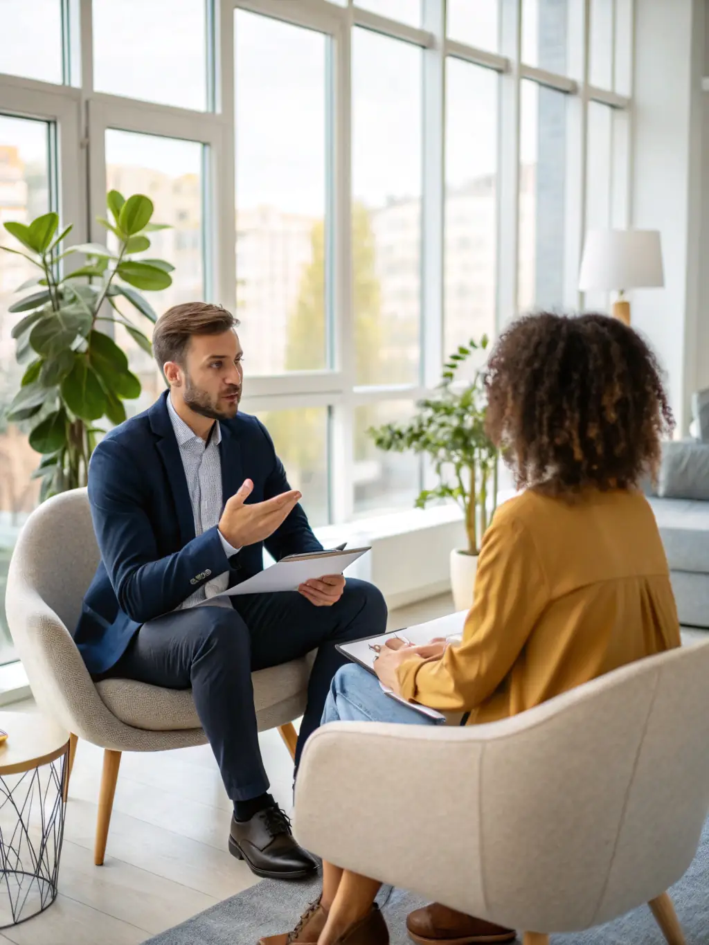A professional photograph of a Keystone Housing representative conducting a tenant interview in a well-lit, modern office setting. The focus is on creating a welcoming and trustworthy atmosphere.