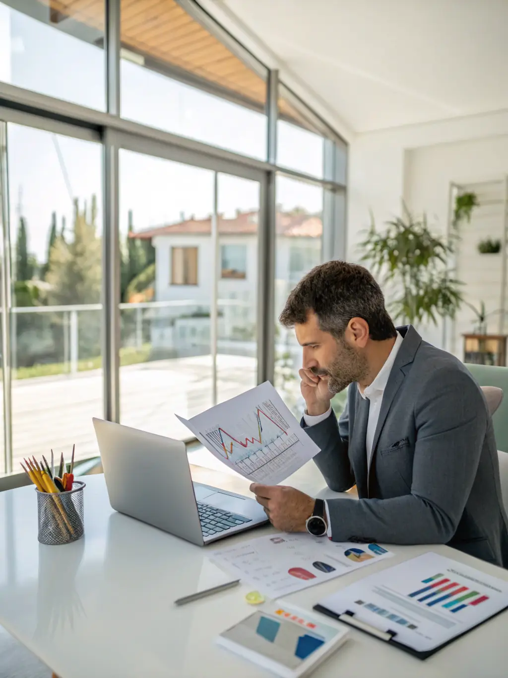 An image showing a Keystone Housing property manager reviewing a property portfolio on a laptop, with a focus on data analysis and strategic oversight.