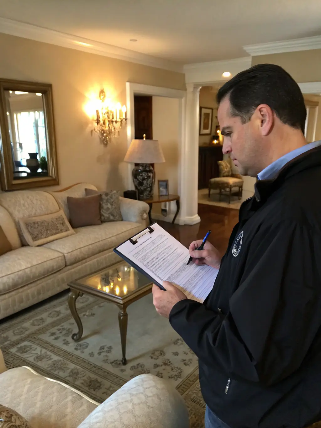 An image showcasing a Keystone Housing property inspector conducting a thorough inspection of a residential property, using a checklist and tablet to record findings.